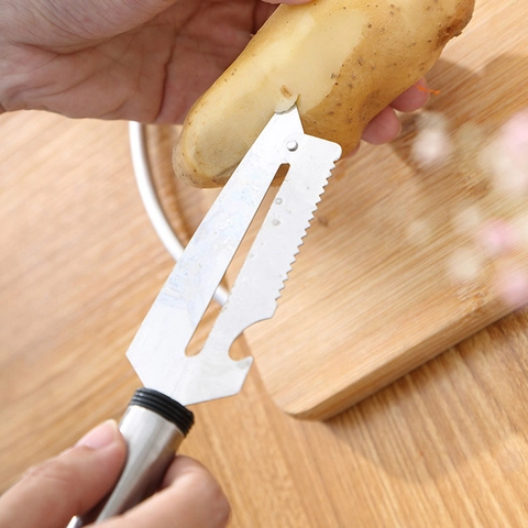 Pelador De Frutas Y Verduras Multifuncional De Acero Inoxidable Con Abridor De Botellas Hoja Dentada Herramienta Cocina Manual Mango Negro