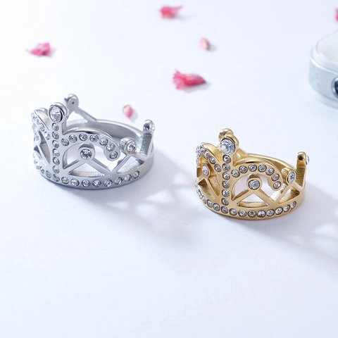 Anillo De Acero Inoxidable Con Forma De Corona Para Mujer Elegante Zirconia Cúbica Estilo Princesa Joyería De Boda