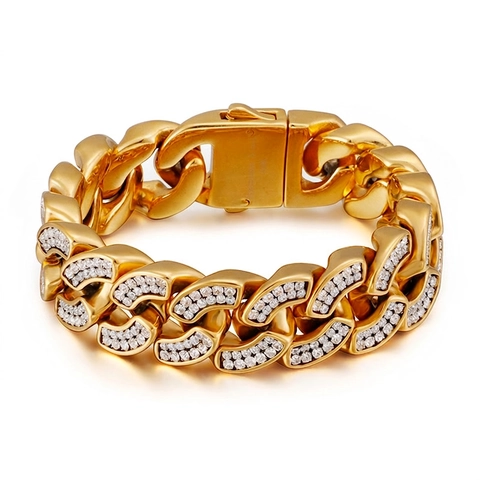 Pulsera De Eslabones Cubanos Para Hombre Acero Inoxidable Circonita Chapado En Oro Joyería Hiphop
