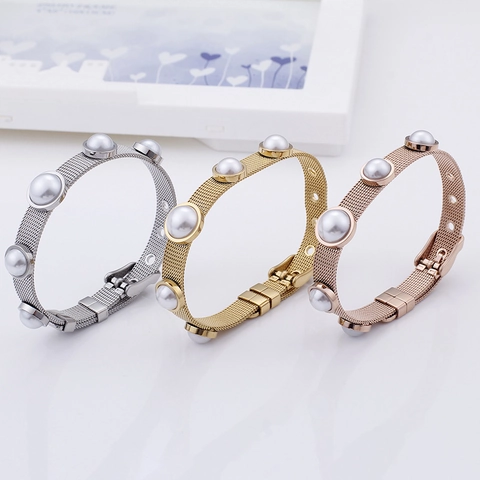 Eleganter 316L Milanaise Armband Edelstahl Mit Muschelperlen Verstellbare Schnalle Modeschmuck Für Damen