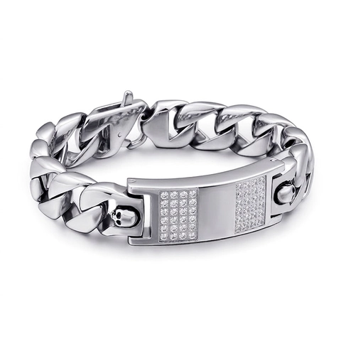 Bracelet Homme Acier Inoxydable 316L Maille Gourmette Plaque ID Zircon Crâne Punk Gothique Hip Hop Streetwear