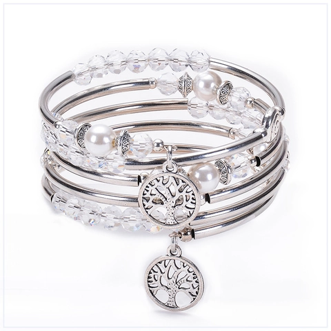 Natural White Crystal Shell Artificial Pearl Multi Layer Wrap Bracelet With Tree Of Life Pendant Silver Alloy Metal Tubes Bohemian Jewelry
