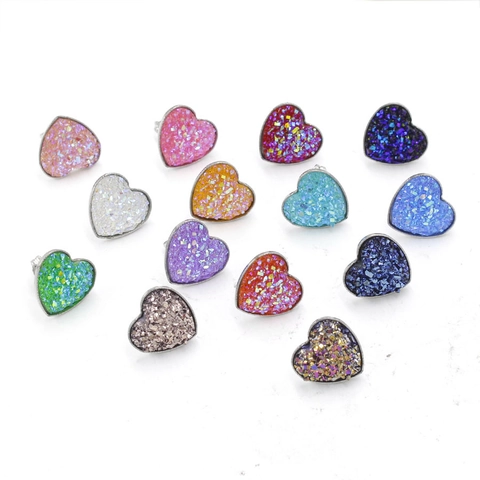 Heart Stud Earrings With Stainless Steel Earring Post Colorful Faux Druzy Resin Shiny Romantic Jewelry For Women