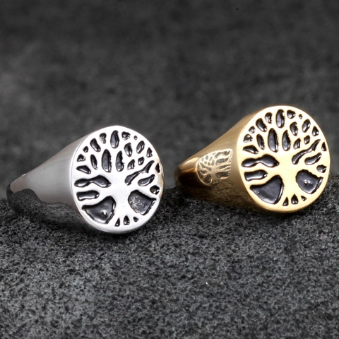 Vintage Stainless Steel Tree Of Life Signet Ring For Men Relief Pattern Gold Steel Color Fashion Jewelry Band Ring Gift