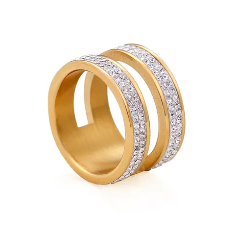Stainless Steel Ring Cubic Zirconia 18K Gold Plated Parallel Band Hollow Geometric Fashion Jewelry For Women Elegant