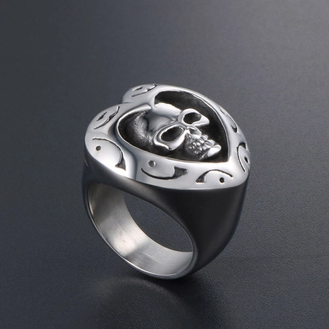 Anello Cuore Teschio Halloween Vintage Acciaio Inossidabile 316L Gothic Punk Scheletro Gioielli Da Dito Per Uomo
