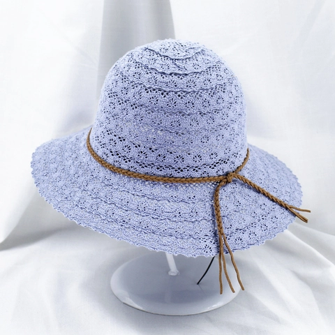 Women Wide Brim Sun Hat Polyester Lace Hollow Out Crochet Beach Hat With Bow Tie UV Protection Elegant Summer Travel