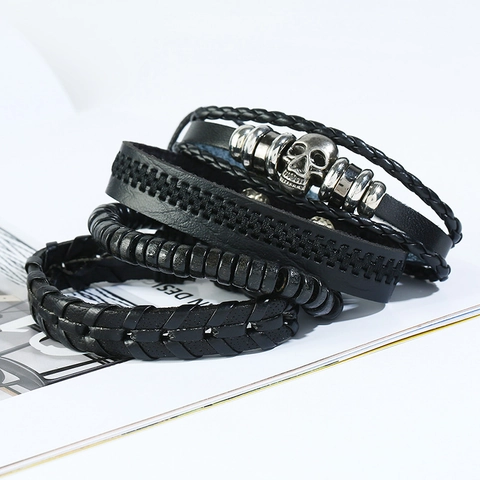 Bracciale Teschio Punk Vintage Cuoio Intrecciato Mano PU Perle Legno Multistrato Cordino Regolabile Gioielli Uomo