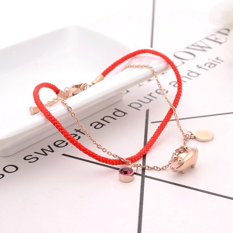 Zodiac Pig Bracelet Rose Gold Titanium Steel Red Rope Double Layer Zircon Lucky Blessing Jewelry For Women New Year Gift