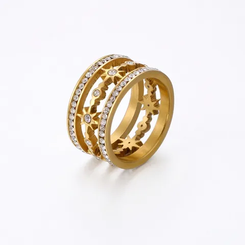 Anello Fascia Larga Acciaio Inossidabile Placcato Oro Con Zirconi Design Stella Cava Per Donna