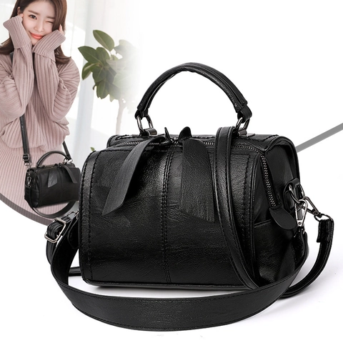 Women Retro PU Leather Boston Shoulder Bag Bowknot Decoration Crossbody Handbag Top Handle Versatile Elegant