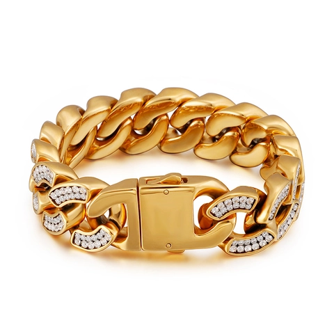Pulsera De Eslabones Cubanos Para Hombre Acero Inoxidable Circonita Chapado En Oro Joyería Hiphop