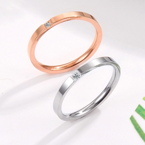 Minimalist Titanium Steel Ring Inlaid With Single Cubic Zirconia Polished Narrow Band Fashion Jewelry For Women Couples