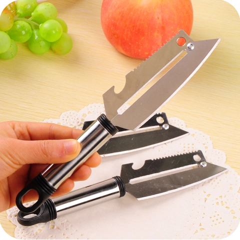 Pelador De Frutas Y Verduras Multifuncional De Acero Inoxidable Con Abridor De Botellas Hoja Dentada Herramienta Cocina Manual Mango Negro