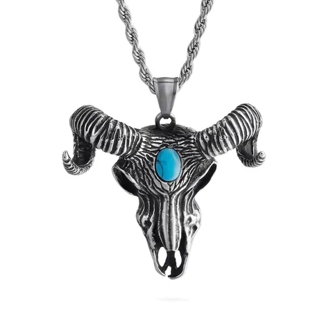Pendente Teschio Di Ariete Acciaio Inossidabile Turchese Inlay Gotico Punk Satanico Gioielli Per Uomo