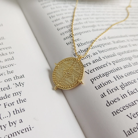 925 Sterling Silber Halskette 18K Vergoldet Runder Münze Relief Anhänger Sternenhimmel Vintage Böhmisch Für Damen