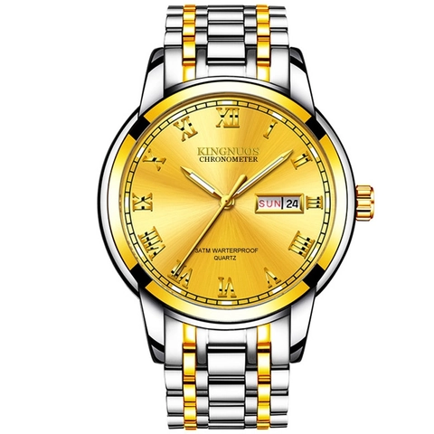 Montre Homme Quartz Étanche Lumineux Double Calendrier Business Casual Acier Inoxydable Bracelet Cuir Chiffres Romains 3ATM