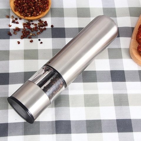 Electric Pepper Grinder Salt Mill One Button Operated Bottom Light Stainless Steel Adjustable Coarseness Visible Window Kitchen Tool