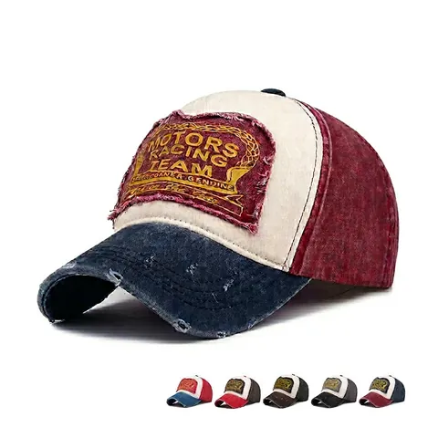 Vintage Distressed Βαμβακερό Patchwork Καπέλο Baseball Motors Racing Team Κεντημένο Unisex Ρυθμιζόμενο Ρετρό Καπέλο Ηλίου