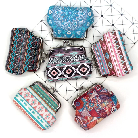 Retro Ethno-Druck PU-Leder Münzbörse Für Frauen Mädchen Mini Kiss-Lock Verschluss Wallet Mandala Geometrisches Muster