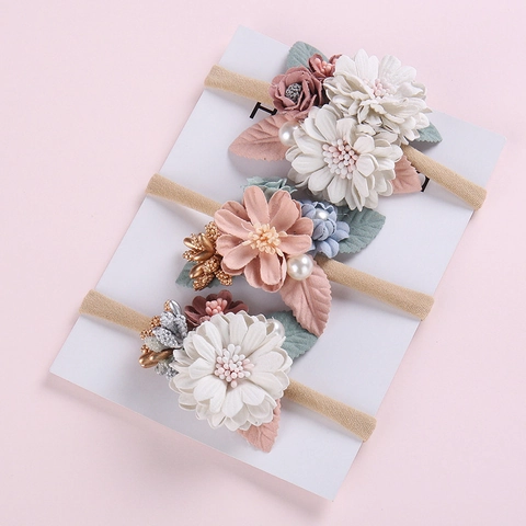 Fascia Per Capelli Neonato Con Fiori Fatta A Mano Nylon Elastico Morbido Tessuto Floreale Con Perla Artificial Per Neonati E Bimbi