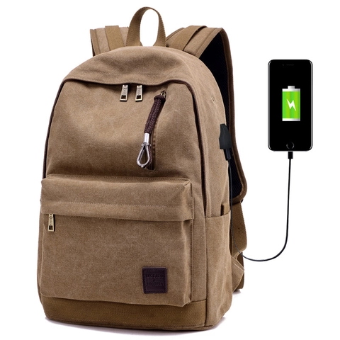 Canvas Rucksack Mit USB Ladeanschluss Kopfhörerloch Große Kapazität Laptop Reise Schultasche Vintage Lässig Herren Damen