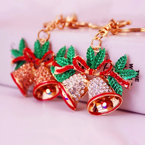 Christmas Bell Keychain Rhinestone Enamel Zinc Alloy Bowknot Holly Leaf Pendant Key Ring Women Bag Charm Festive Ornament Gift