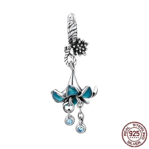 Charm Fiore Orchidea Blu Pendente Argento Sterling 925 Con Smalto E Zircone Per Gioielli Bracciale DIY