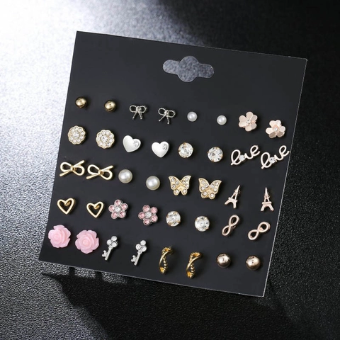 Pendientes De Botón Aleación Diamantes De Imitación Perla Artificial Sintética Flor Torre Eiffel Llave Corazón Joyería Para Mujer