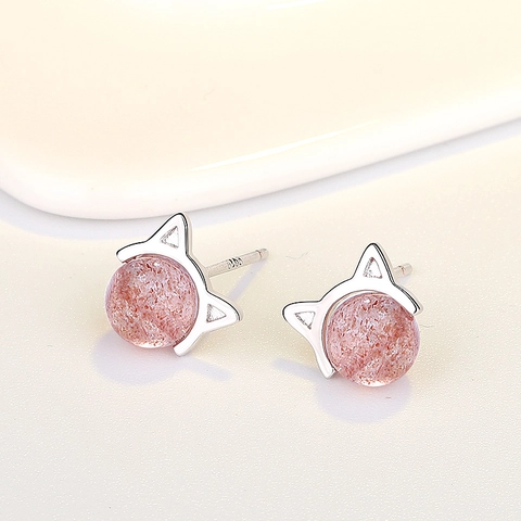 Sweet Cat Shape Strawberry Crystal Stud Earrings With 925 Sterling Silver Post Copper Pink Gemstone Small Cute Korean Jewelry