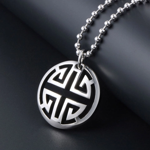 Collier Vintage Avec Pendentif Rond Évidé Acier Inoxydable Style Chinois Motif Labyrinthe Géométrique Bijoux