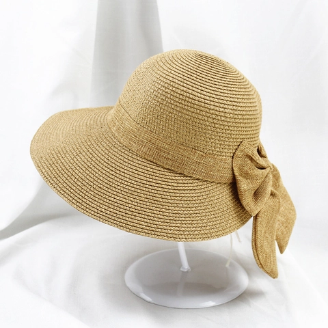 Women Straw Sun Hat Wide Brim Foldable Paper Straw Bow Decor Summer Beach UV Protection Elegant