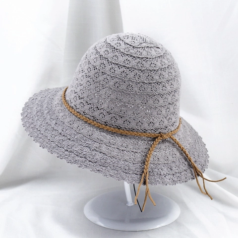 Women Wide Brim Sun Hat Polyester Lace Hollow Out Crochet Beach Hat With Bow Tie UV Protection Elegant Summer Travel