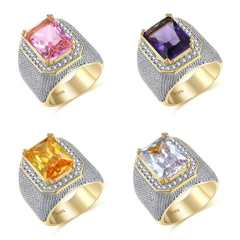 Hip Hop Men Ring With Square Large Cubic Zirconia Pave Inlaid Gold Plated Iced Out Luxury Jewelry
