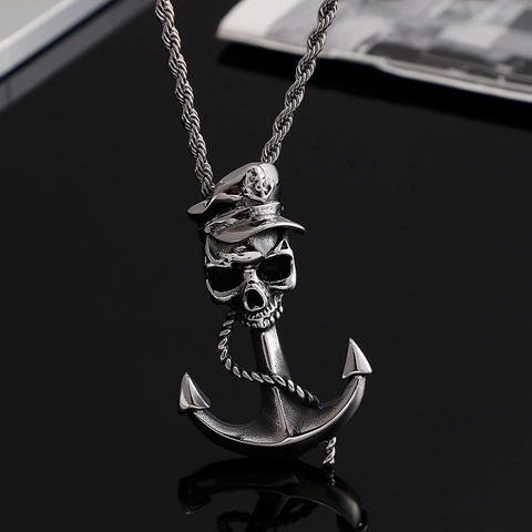 Pendente Ancora Pirata Teschio Acciaio Inossidabile Nautico Cappello Capitano Punk Gotico Gioielli Uomo