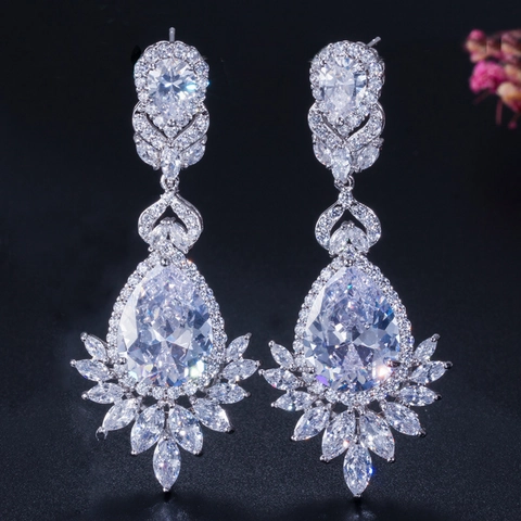 Luxury Copper Cubic Zirconia Teardrop Dangle Earrings Shiny Water Drop Dangle Earrings For Women Wedding Banquet Party Jewelry