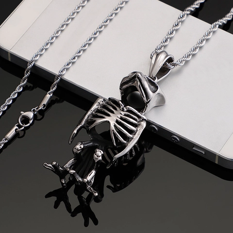 Owl Skeleton Pendant Necklace 316L Stainless Steel Gothic Punk Animal Bone Biker Jewelry For Men
