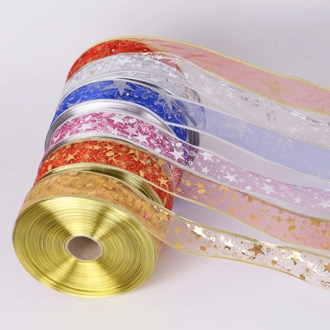 Cinta De Navidad De Organza Con Estrellas Doradas Y Notas Musicales Borde Con Alambre Decoración
