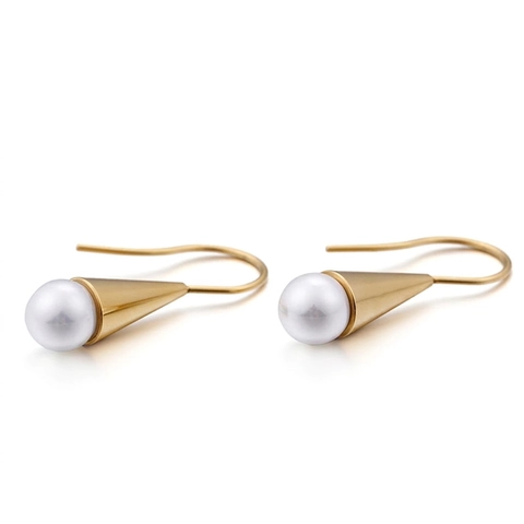 Orecchini Pendenti Cono Perla Artificial Conchiglia Acciaio Inossidabile Placcato Oro 18K Geometrico Gancio Gioielli Donna Elegante
