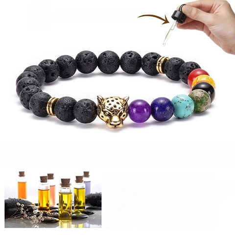 Pulsera Chakra de Piedra de Lava Hecha a Mano Cuentas de Piedra Natural Yoga Difusor Aromaterapia Leopardo León Buda Búho Animal