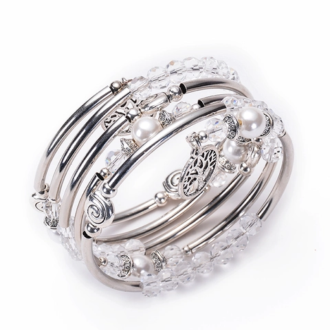 Natural White Crystal Shell Artificial Pearl Multi Layer Wrap Bracelet With Tree Of Life Pendant Silver Alloy Metal Tubes Bohemian Jewelry