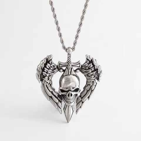 Pendente Teschio Ali Spada Gotico Acciaio Inossidabile Stile Punk Rock Biker Collana Per Uomo Retro