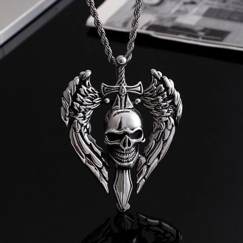 Pendente Teschio Ali Spada Gotico Acciaio Inossidabile Stile Punk Rock Biker Collana Per Uomo Retro