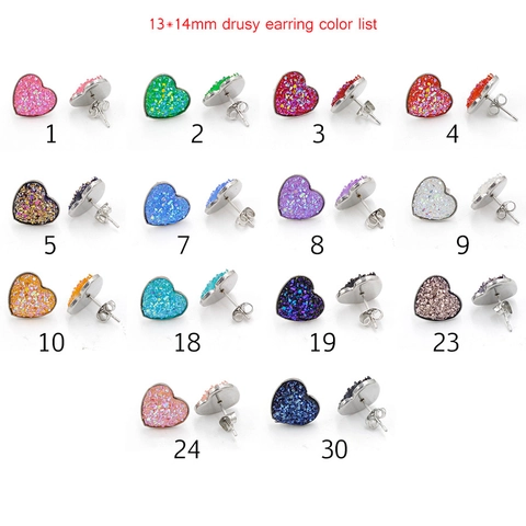 Heart Stud Earrings With Stainless Steel Earring Post Colorful Faux Druzy Resin Shiny Romantic Jewelry For Women