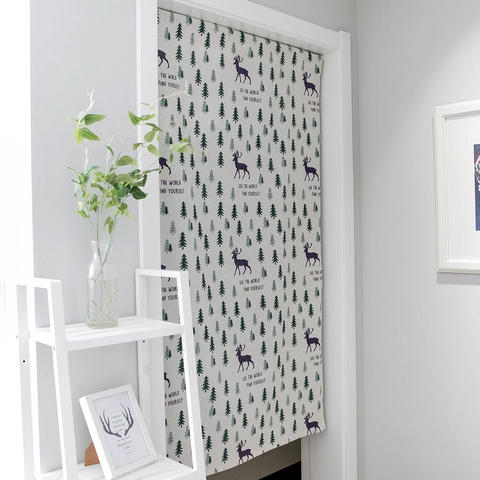 Cotton Linen Door Curtain Printed Deer Tree Geometric Pattern Room Divider Noren For Bathroom Kitchen Entryway Decor