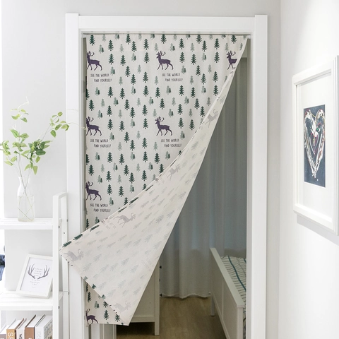 Cotton Linen Door Curtain Printed Deer Tree Geometric Pattern Room Divider Noren For Bathroom Kitchen Entryway Decor