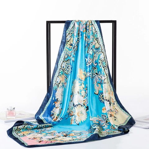 Women Elegant Satin Square Scarf Floral Paisley Print Large Silk Feeling Headscarf Decorative Neck Scarf Shawl Fashion