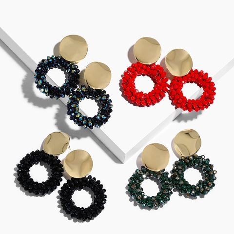 Round Hoop Earrings Alloy Crystal Beaded Rhinestone Woven Bohemian Fashion Jewelry For Women With Copper Earring Post