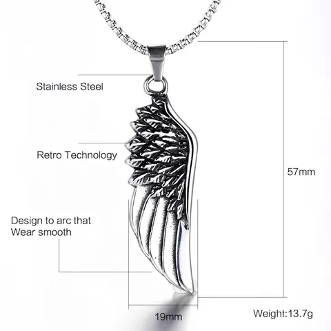 Collana con Pendente ad Ala di Piuma in Acciaio al Titanio Retro Punk Goth Pendente ad Ala in Acciaio Inossidabile per Uomo Donna
