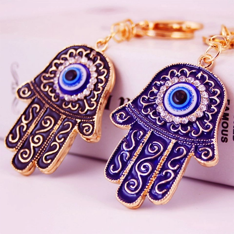 Hamsa Hand Schlüsselanhänger Blaues Auge Zinklegierung Emaille Strass Schutz Amulett Tasche Anhänger Geschenk